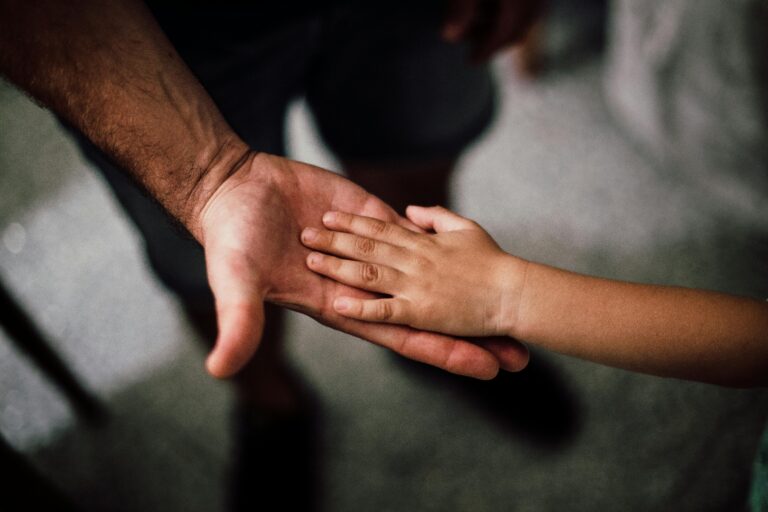 A close-up of a young child's hand resting protectively on top of a parent's hand, symbolizing the emotional bond and the need for stability and boundaries in high-conflict custody cases.
